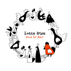 Hens and roosters in henhouse, sketch for your design © Kudryashka