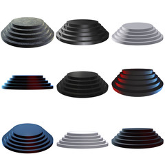 Round stage black podium set for award ceremony. 3D render illustration pedestal isolated on white background