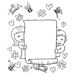 Illustration of a girl and a boy holding an empty banner. Hand drawing illustration.