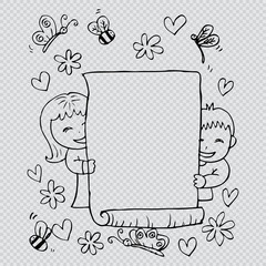 Illustration of a girl and a boy holding an empty banner. Hand drawing illustration.