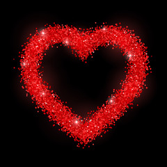 Glitter heart red frame on black background. Vector