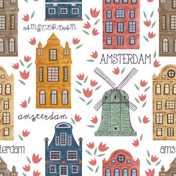 Amsterdam. Seamless pattern with old historic buildings and traditional architecture of Netherlands. Windmill and houses with tulip flowers. Vintage hand drawn vector illustration in watercolor style.