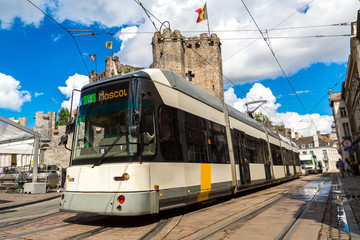 Fototapeta na wymiar City tram in Gent in a beautiful summer day, Belgium