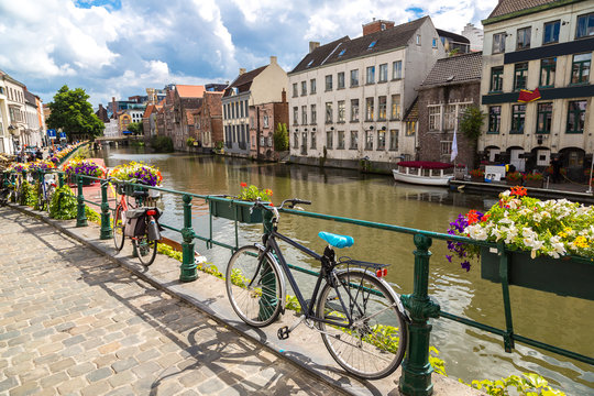 Bicycles parked by the canal in Gent