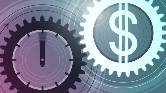 Gear with clock face as symbol of time and gear with dollar sign as symbol of money are turning near to each other. Interaction and interdependence of time and money. Looped video.Tinted effect