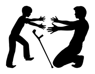 Physical Rehabilitation for Children. Young boy being assisted by physiotherapist to learn walking without crutches