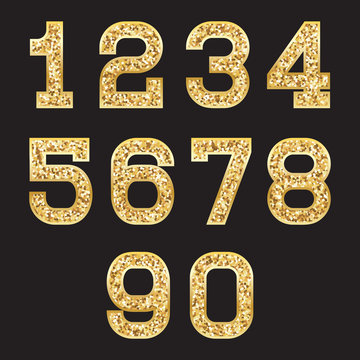 set of stylized gold texture numbers with metallic sheen and stroke