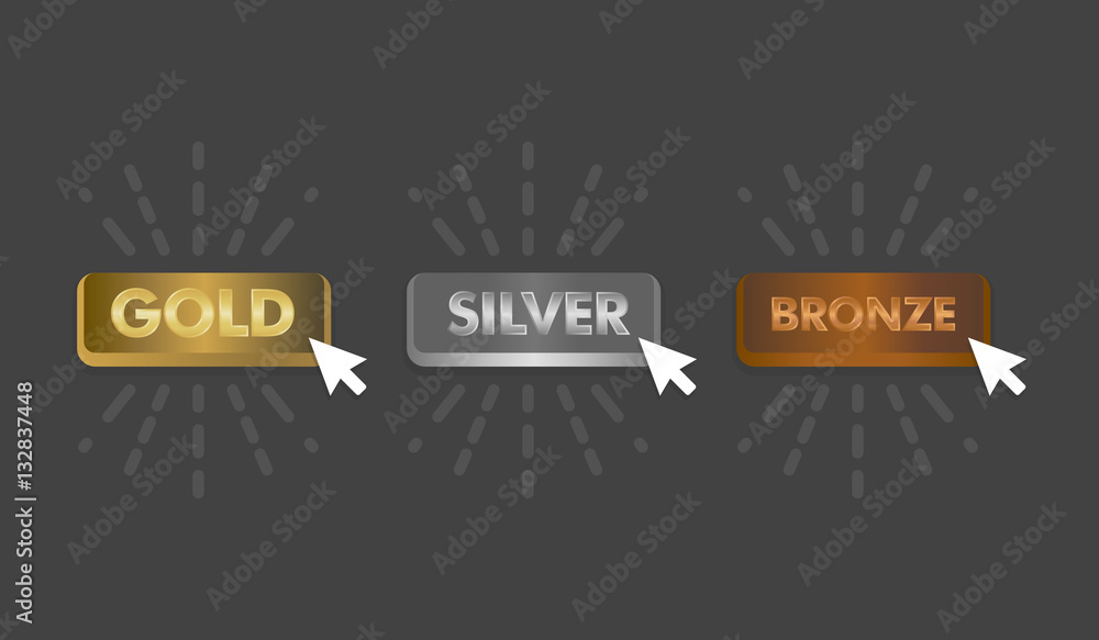 Poster gold silver and bronze buttons set with mouse click icon vector illustration