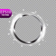 Abstract luxury chrome metal ring. Vector light circles and spark light effect. Sparkling glowing round frame on transparent. Sunny and cheerful background. Glow space for your message