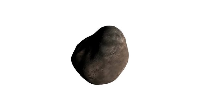  The Martian moon Phobos (or other asteroid like object) rotates seamlessly against a white background.
