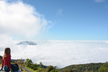 Naklejka na ściany i meble fog and cloud on mountain at Kew Mae Pan ,Doi Inthanon National Park, Thailand.