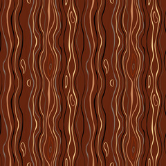 Seamless striped nature pattern. Vertical narrow wavy lines. Bark, branches of trees, tropical forest theme texture. Brown, red, orange, black colored background. Vector