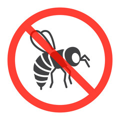 Bumblebee icon in prohibition red circle, No honey bees ban sign, forbidden symbol. Vector illustration isolated on white