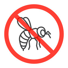 Bumblebee line icon in prohibition red circle, No honey bees ban sign, forbidden symbol. Vector illustration isolated on white