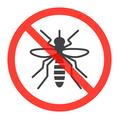 Mosquito icon in prohibition red circle, Stop zika virus ban sign, forbidden symbol. Vector illustration isolated on white