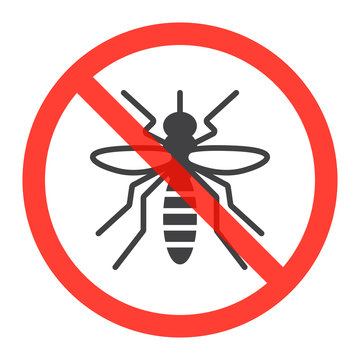 Mosquito icon in prohibition red circle, Stop zika virus ban sign, forbidden symbol. Vector illustration isolated on white