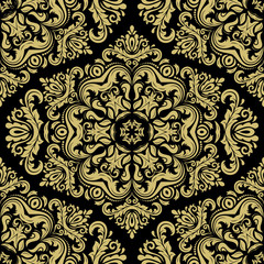 Seamless oriental pattern in the style of baroque. Traditional classic ornament. Black and golden pattern