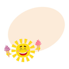 Smiling, happy sun holding ice cream, cartoon vector illustration on background with place for text. Cute and funny sun character with cold ice cream, symbol of summer and vacation