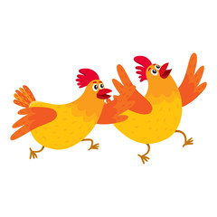 Two funny cartoon orange chickens, hens rushing, hurrying somewhere, jumping excitedly, vector illustration isolated on white background. Cute and funny chickens running somewhere enthusiastically