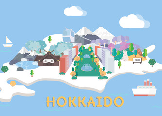 Hokkaido travel map in flat illustration.