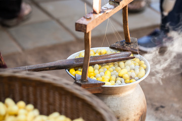 Boiling silkworm cocoon in the pot for process silk