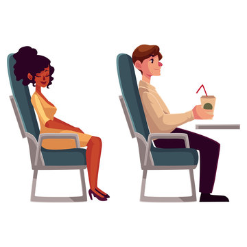 Airplane passengers - young black, african woman and man drinking coffee from paper cup, cartoon vector illustration on white background. Airplane seats occupied by man drinking and woman sleeping