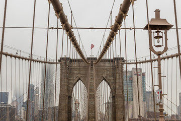 Views across the bridge walking the Brooklyn Bridge in New York