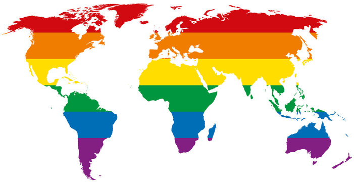 Gay pride world map. LGBT movement flag, consisting of six rainbow colored stripes in the silhouette of the world. Isolated illustration on white background. Vector.