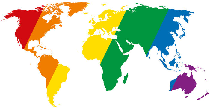 Gay pride world map with diagonal stripes. LGBT movement flag, consisting of six rainbow colored stripes in the silhouette of the world. Isolated illustration on white background. Vector.