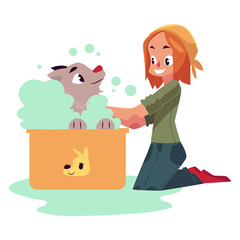 Red haired teenage girl washing, bathing her dog, puppy, cartoon vector illustration on white background. Full length portrait of girl sitting on the floor and washing her puppy in foam bath