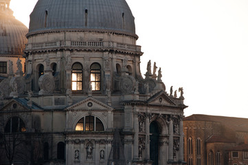 The Santa Maria della Salute Church in Venice, Italy, during sunset.