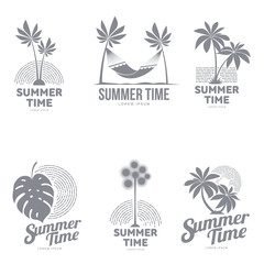 Set of black and white, silhouette logo templates with palm tree, hammock, monstera leaf, vector illustration isolated on white background. Graphic logotypes, logo templates with tropic palms © sabelskaya