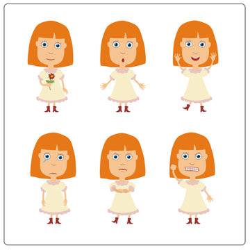 Vector set isolated funny girl. Collection cute girl in cartoon style.
