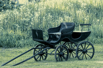 Fototapeta na wymiar Old black horse carriage with green background