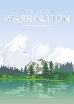 Washington vector american poster. USA travel illustration. United States of America colorful greeting card, Seattle. 