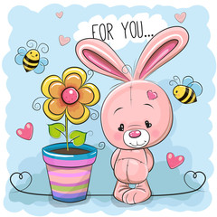 Naklejka premium Greeting card cute cartoon Rabbit with flower