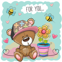 Naklejka premium Greeting card Bear with flower