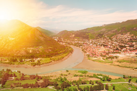 Panoramic View Of The City Of Mtskheta From The Mountain On Which Stands The Monastery Jvari. Place Where Three Rivers Converge. Georgia.