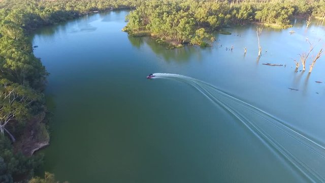 Aerial view of Ski Boat on the Murray River Australia
