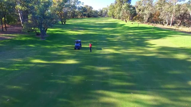 Aerial view of Golfers in electric Golf Buggy with Caddy driving through bush land Golf Course by river.