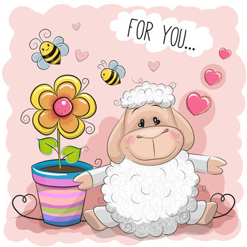 Greeting card cute cartoon Sheep with flower