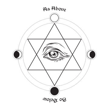 Hand drawn medieval esoteric style vector illustration. Eye of providence in the center of the hexagram. As above, so below - is a maxim in sacred geometry or hermeticism.