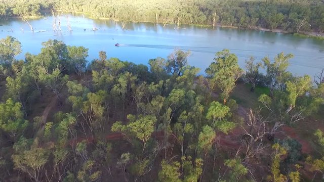 Aerial view of Ski Boat on the Murray River Australia
