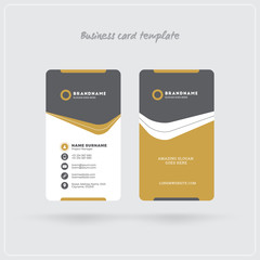 Golden and Gray Vertical Business Card Print Template. Double-sided Personal Visiting Card with Company Logo. Clean Flat Design. Rounded Corners. Vector Illustration. Business Card Mockup with Shadows