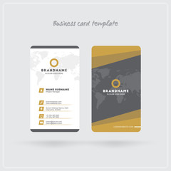 Golden and Gray Vertical Business Card Print Template. Double-sided Personal Visiting Card with Company Logo. Clean Flat Design. Rounded Corners. Vector Illustration. Business Card Mockup with Shadows
