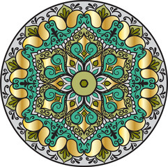 Drawing of a floral mandala in gold, green and turquoise colors on a white background. Hand drawn tribal  vector stock illustration