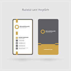 Golden and Gray Vertical Business Card Print Template. Double-sided Personal Visiting Card with Company Logo. Clean Flat Design. Rounded Corners. Vector Illustration. Business Card Mockup with Shadows
