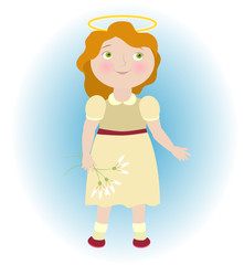 Illustration of angel girl with white flower bouquet.