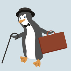 Funny penguin character wearing old fashioned bowler hat with su