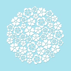 White paper cut flowers circle on blue background.